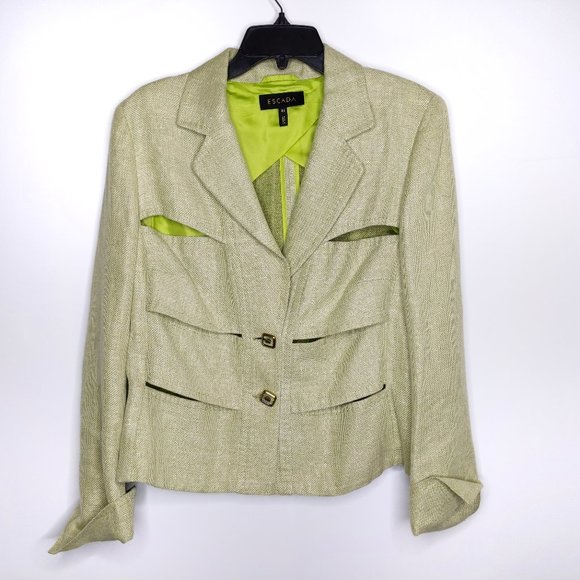 Escada Jackets & Blazers - Escada Blazer 44 14 XL Green Tweed Linen Wool Cuto